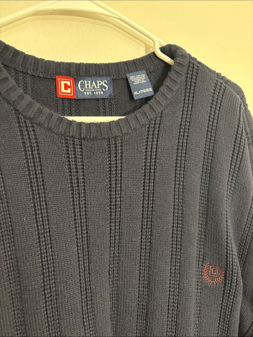 Chaps Men’s Navy Ribbed Crewneck Sweater with Embroidered Crest